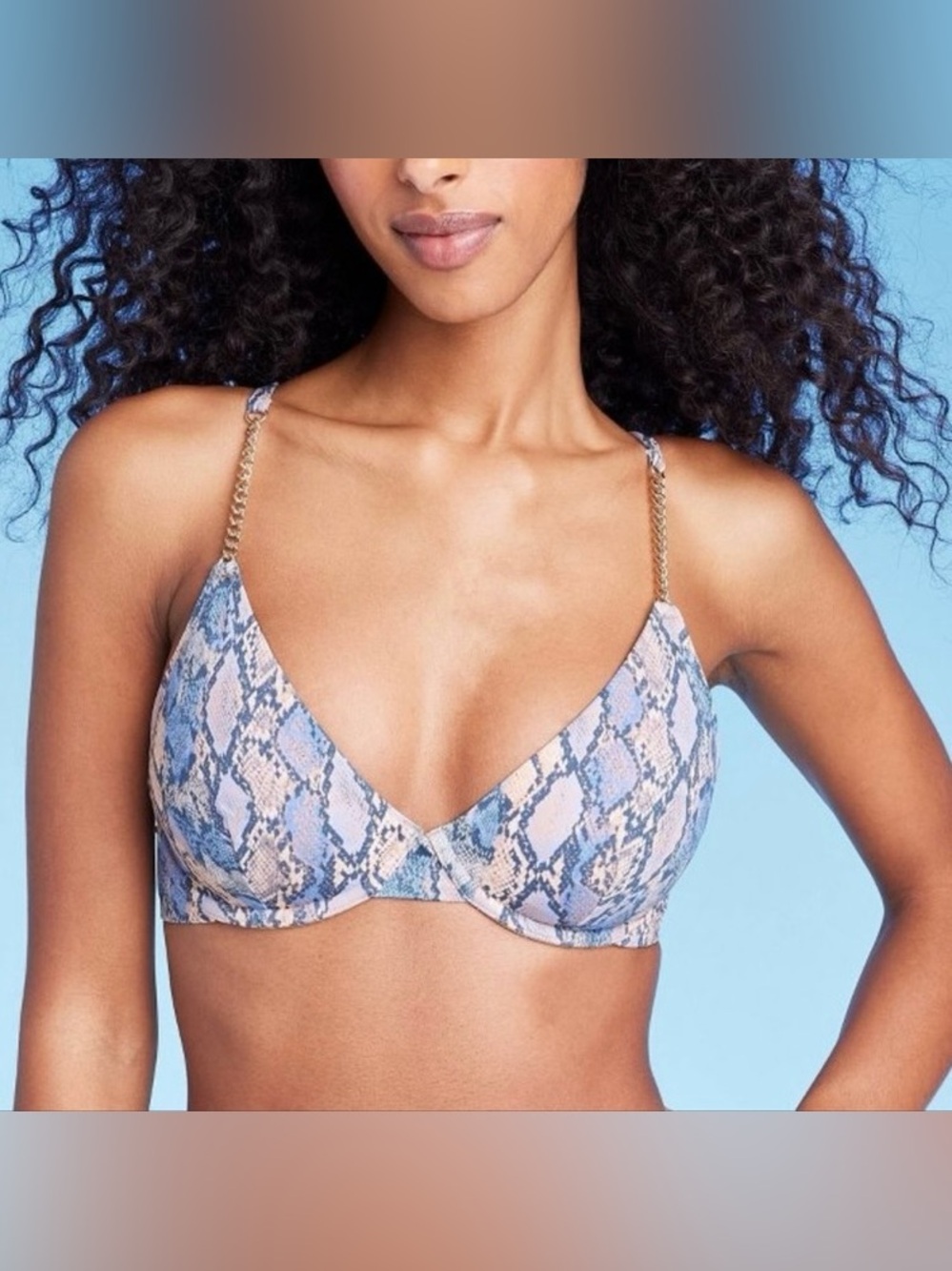 NEW Shade & Shore Blue Snake Print Chain Strap Bikini Swim Top Women’s Size 36D